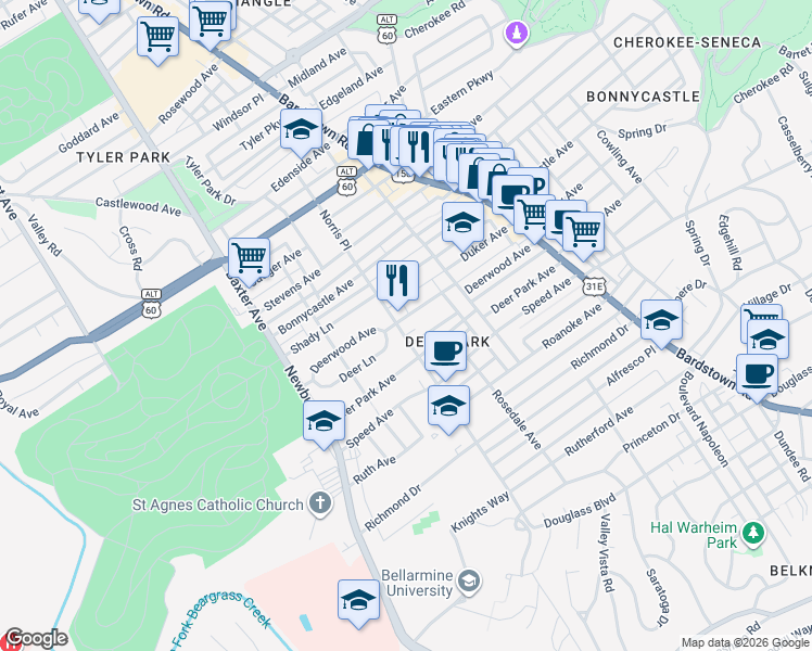 map of restaurants, bars, coffee shops, grocery stores, and more near 1601 Norris Place in Louisville