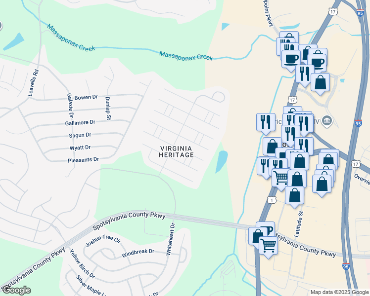 map of restaurants, bars, coffee shops, grocery stores, and more near 5425 East Rich Mountain Way in Fredericksburg