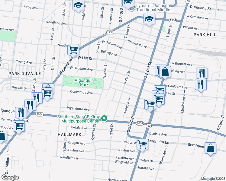 map of restaurants, bars, coffee shops, grocery stores, and more near 2311 Burwell Avenue in Louisville
