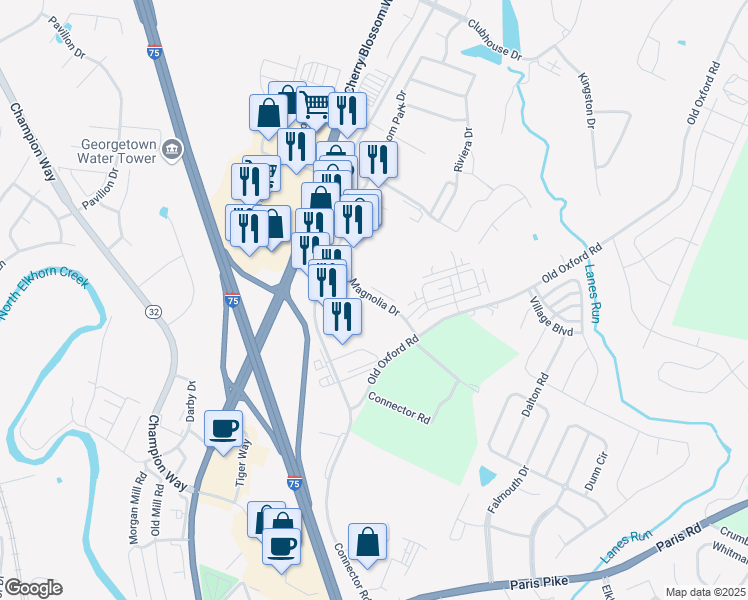 map of restaurants, bars, coffee shops, grocery stores, and more near Magnolia Drive in Georgetown