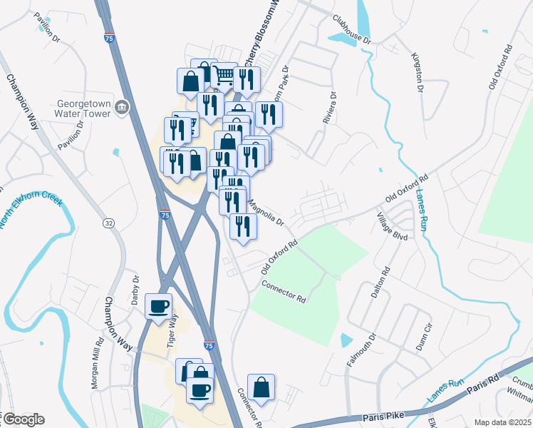 map of restaurants, bars, coffee shops, grocery stores, and more near Magnolia Drive in Georgetown