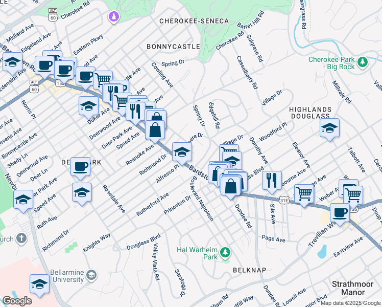 map of restaurants, bars, coffee shops, grocery stores, and more near 114 Saint Francis Court in Louisville
