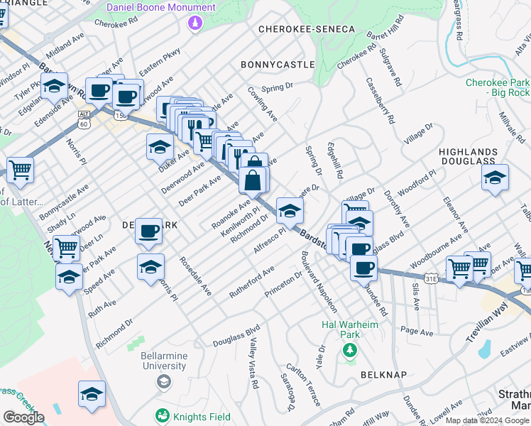map of restaurants, bars, coffee shops, grocery stores, and more near 1823 Bardstown Road in Louisville