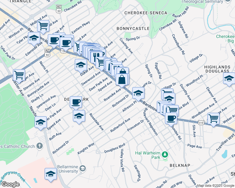map of restaurants, bars, coffee shops, grocery stores, and more near 1951 Roanoke Avenue in Louisville