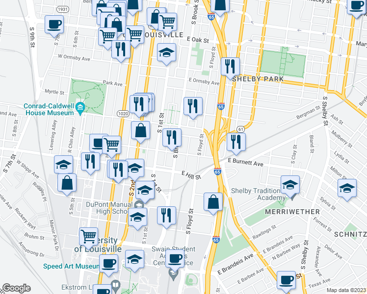 map of restaurants, bars, coffee shops, grocery stores, and more near 1426 South Brook Street in Louisville