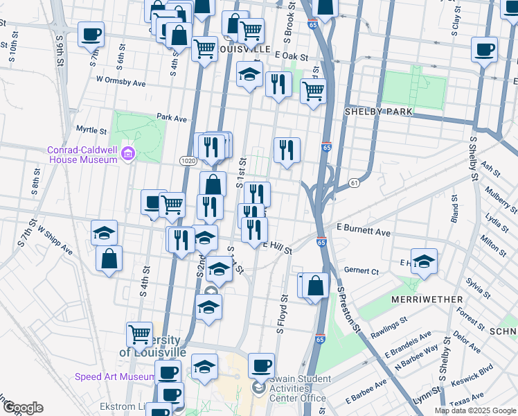 map of restaurants, bars, coffee shops, grocery stores, and more near 1426 South Brook Street in Louisville