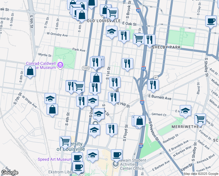 map of restaurants, bars, coffee shops, grocery stores, and more near 1431 South 1st Street in Louisville