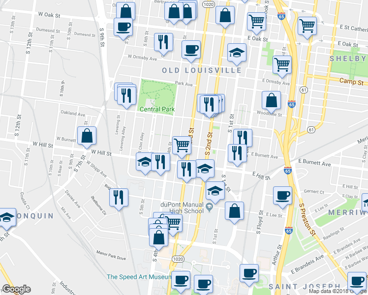 map of restaurants, bars, coffee shops, grocery stores, and more near 1445 Hill Street in Louisville