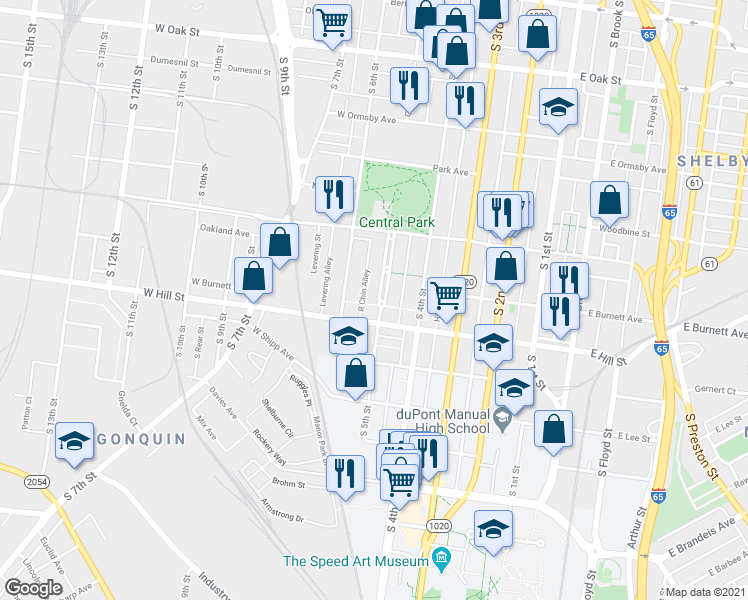 map of restaurants, bars, coffee shops, grocery stores, and more near 1452 R Chin Alley in Louisville