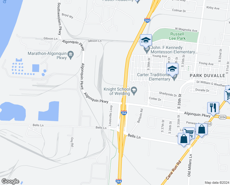 map of restaurants, bars, coffee shops, grocery stores, and more near 2008 South 40th Street in Louisville