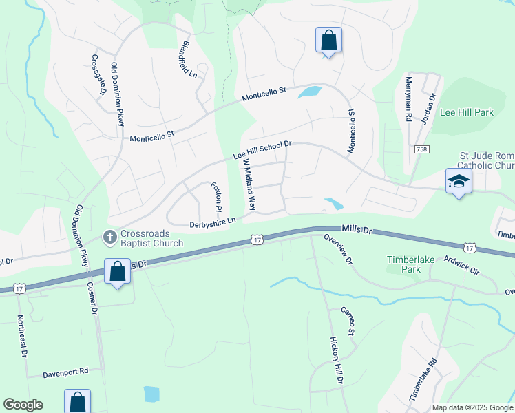 map of restaurants, bars, coffee shops, grocery stores, and more near 9801 West Midland Way in Fredericksburg