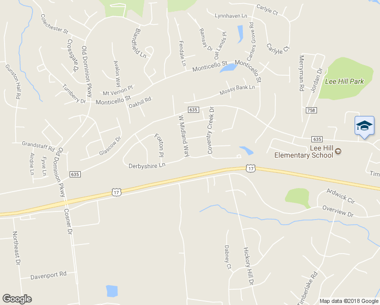 map of restaurants, bars, coffee shops, grocery stores, and more near 9801 West Midland Way in Fredericksburg