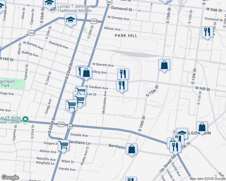 map of restaurants, bars, coffee shops, grocery stores, and more near 1729 West Gaulbert Avenue in Louisville