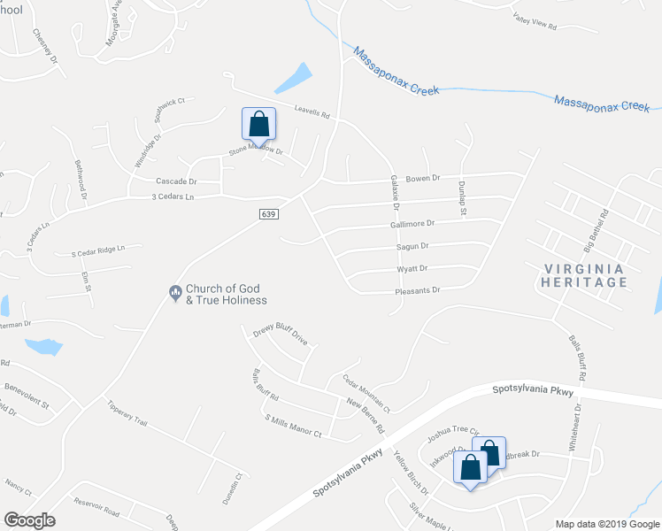 map of restaurants, bars, coffee shops, grocery stores, and more near 308 Pleasants Drive in Fredericksburg