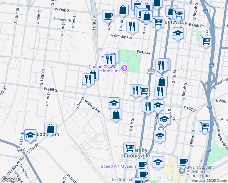 map of restaurants, bars, coffee shops, grocery stores, and more near 525 Belgravia Court in Louisville