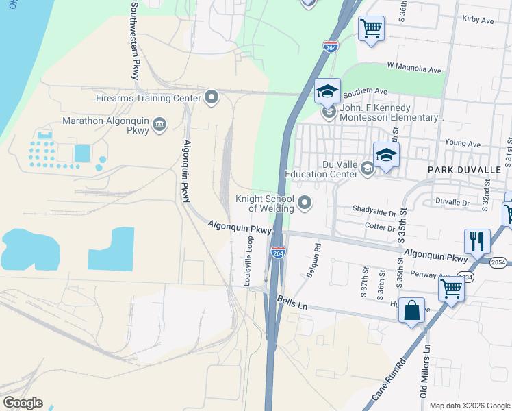 map of restaurants, bars, coffee shops, grocery stores, and more near 2044 South 41st Street in Louisville