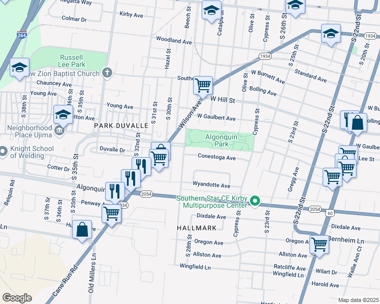 map of restaurants, bars, coffee shops, grocery stores, and more near 2911 Conestoga Avenue in Louisville