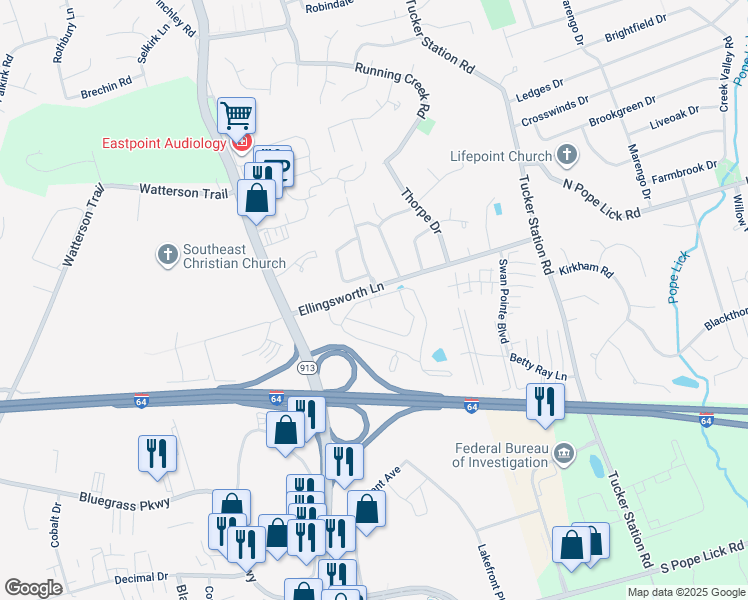 map of restaurants, bars, coffee shops, grocery stores, and more near 11950 Victory Knoll Circle in Louisville