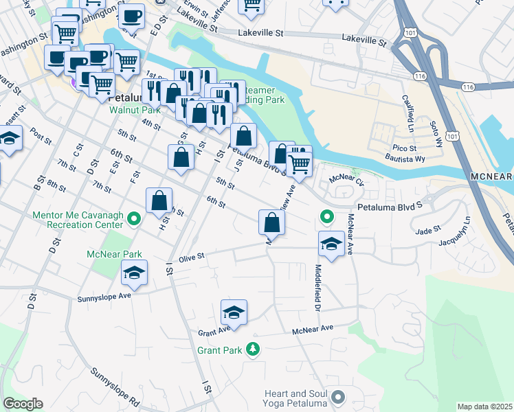 map of restaurants, bars, coffee shops, grocery stores, and more near 828 5th Street in Petaluma