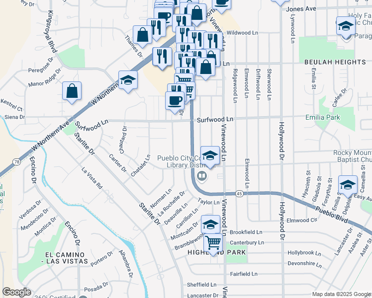 map of restaurants, bars, coffee shops, grocery stores, and more near 2111-2499 S Pueblo Blvd in Pueblo