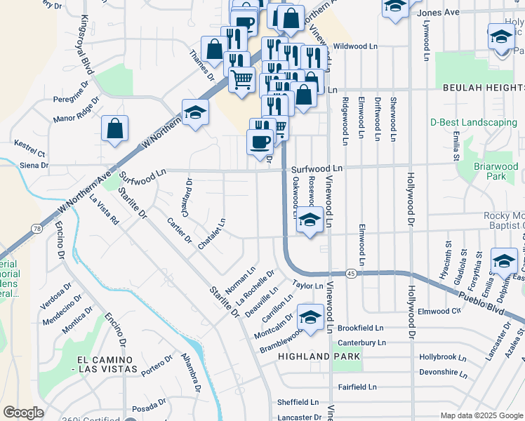 map of restaurants, bars, coffee shops, grocery stores, and more near 2118 Norman Lane in Pueblo