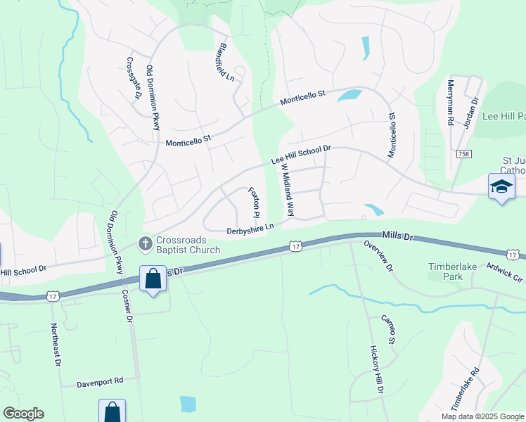 map of restaurants, bars, coffee shops, grocery stores, and more near 9805 Foxton Place in Fredericksburg