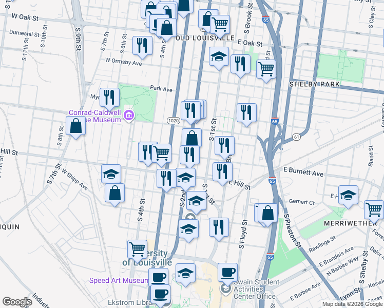 map of restaurants, bars, coffee shops, grocery stores, and more near 1435 South 2nd Street in Louisville