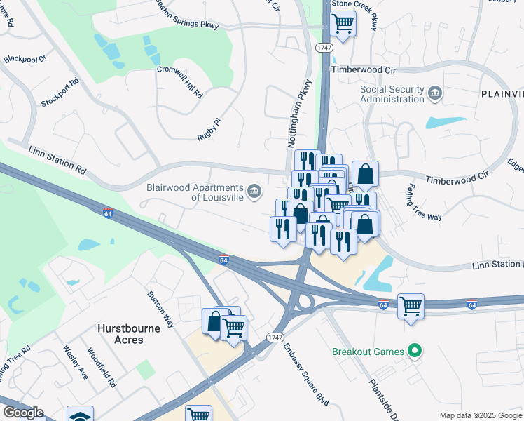 map of restaurants, bars, coffee shops, grocery stores, and more near 1301 Lancaster Place in Hurstbourne