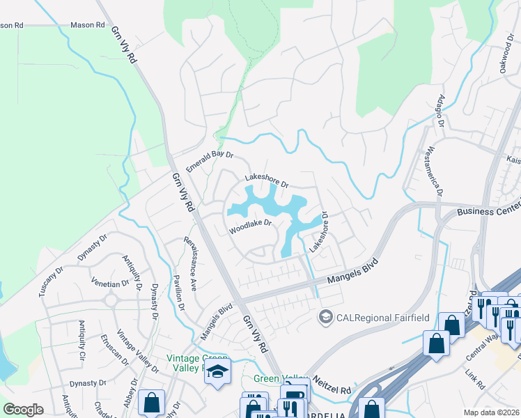 map of restaurants, bars, coffee shops, grocery stores, and more near 5162 Chabot Court in Fairfield