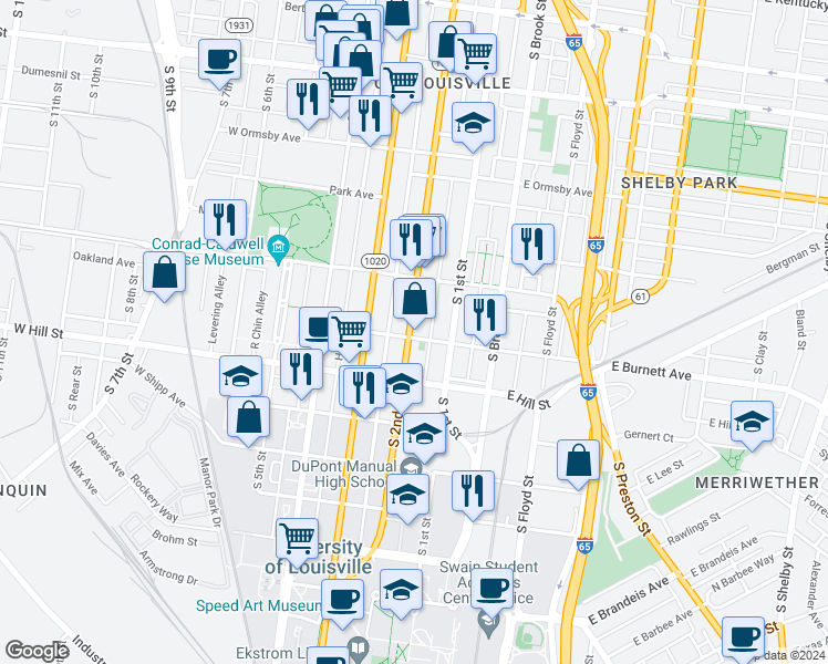 map of restaurants, bars, coffee shops, grocery stores, and more near 1445 South 2nd Street in Louisville