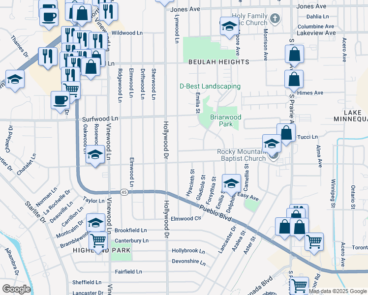 map of restaurants, bars, coffee shops, grocery stores, and more near 2122 Lynwood Ln in Pueblo