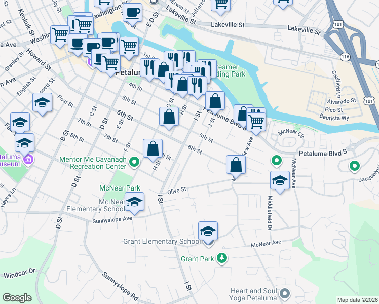 map of restaurants, bars, coffee shops, grocery stores, and more near 600 I Street in Petaluma