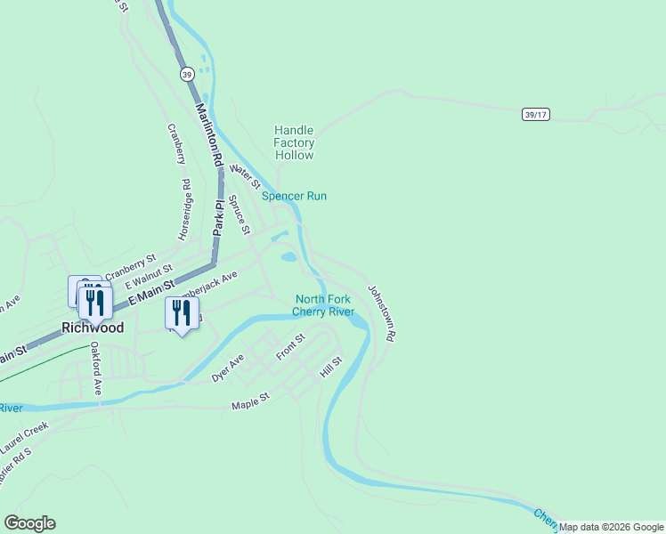 map of restaurants, bars, coffee shops, grocery stores, and more near 208 Johnstown Road in Richwood