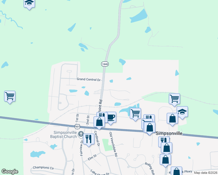 map of restaurants, bars, coffee shops, grocery stores, and more near 1015 Station Pointe Lane in Simpsonville
