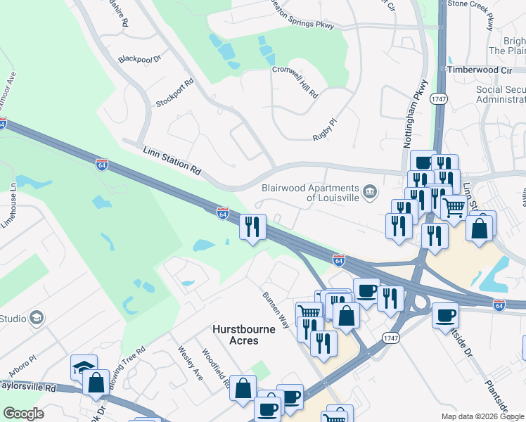 map of restaurants, bars, coffee shops, grocery stores, and more near 1247 Hogarth Drive in Hurstbourne