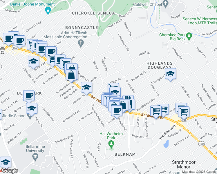 map of restaurants, bars, coffee shops, grocery stores, and more near in Louisville