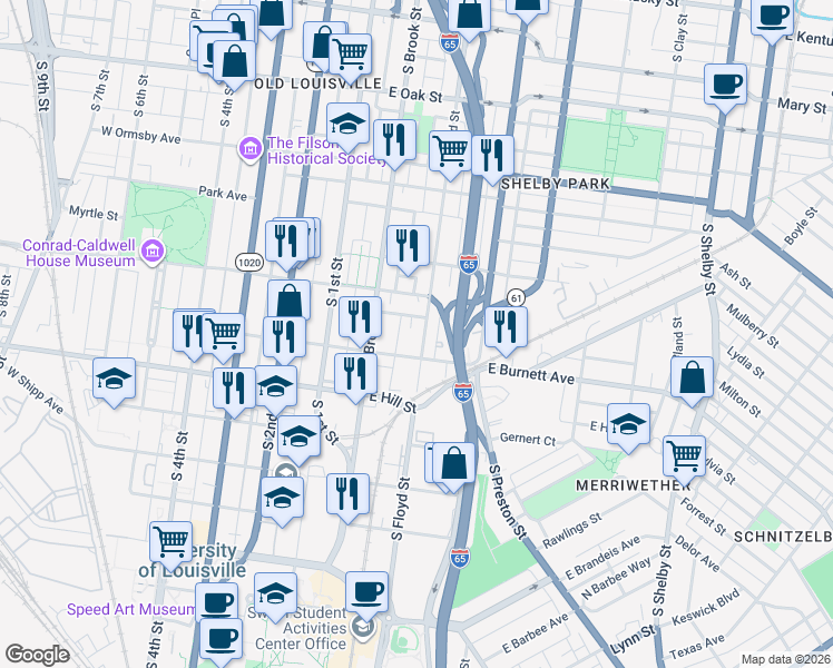 map of restaurants, bars, coffee shops, grocery stores, and more near 1420 South Floyd Street in Louisville