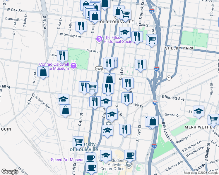 map of restaurants, bars, coffee shops, grocery stores, and more near 1445 South 2nd Street in Louisville