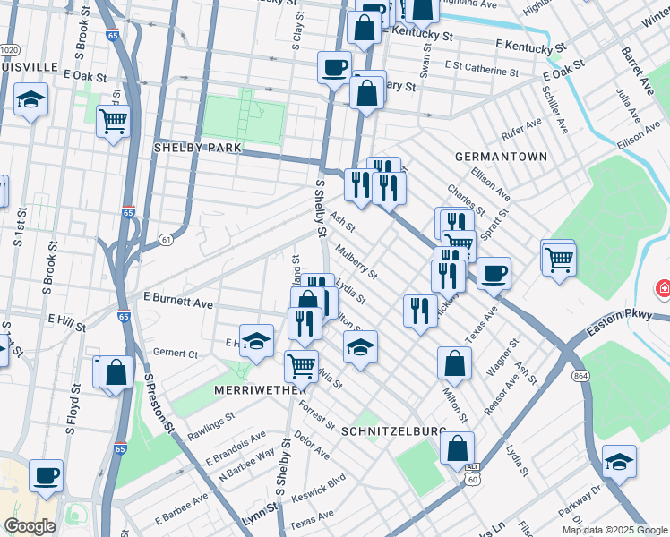 map of restaurants, bars, coffee shops, grocery stores, and more near 1415 South Shelby Street in Louisville
