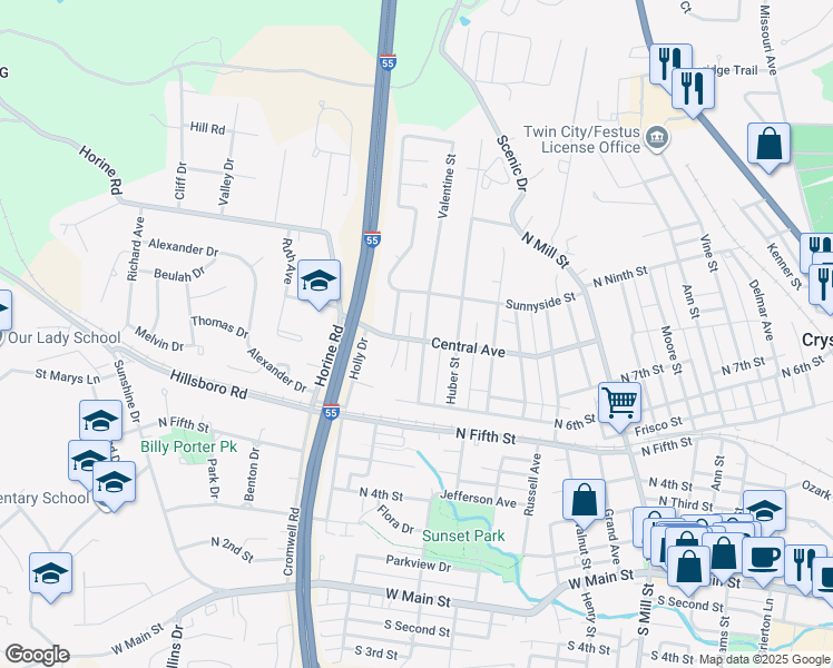 map of restaurants, bars, coffee shops, grocery stores, and more near 809 Valentine Street in Festus