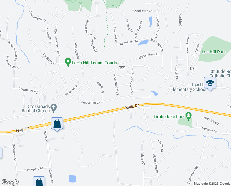 map of restaurants, bars, coffee shops, grocery stores, and more near 9806 West Midland Way in Fredericksburg