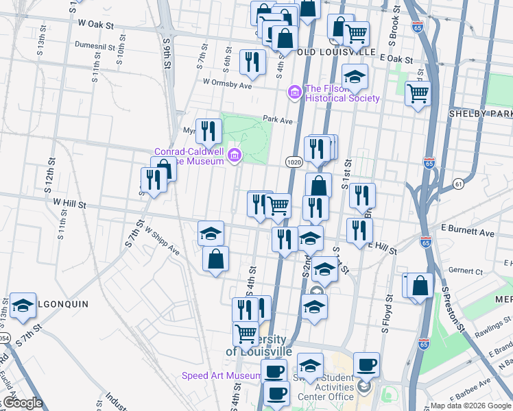 map of restaurants, bars, coffee shops, grocery stores, and more near 1454 South 4th Street in Louisville