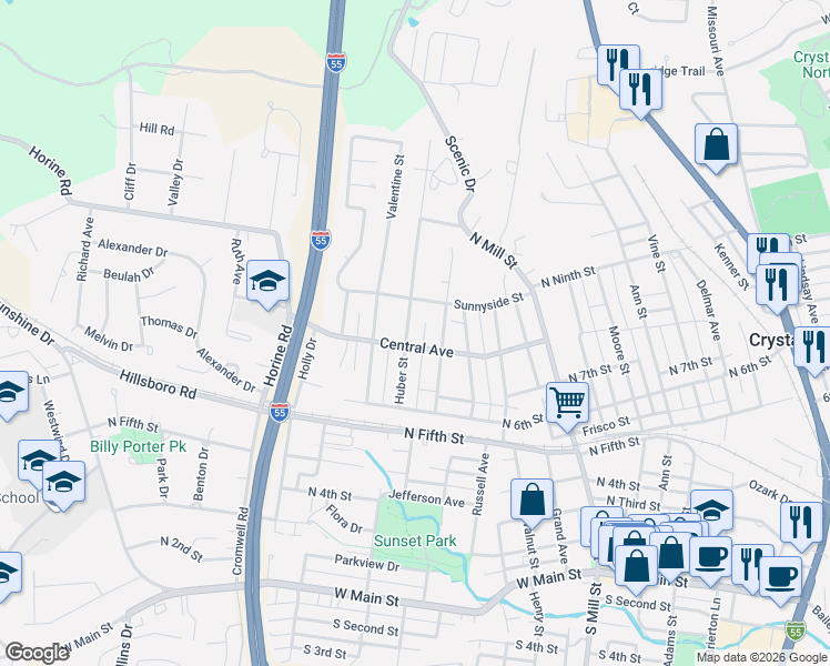map of restaurants, bars, coffee shops, grocery stores, and more near 813 Huber Street in Festus