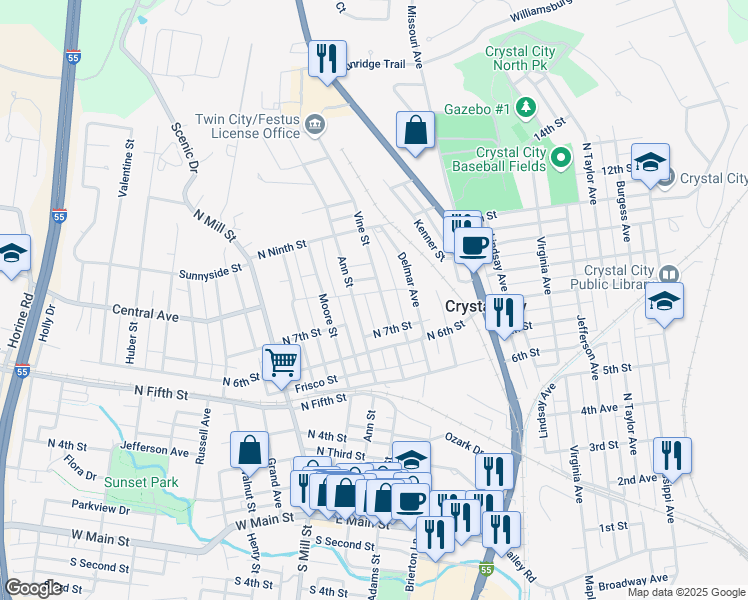 map of restaurants, bars, coffee shops, grocery stores, and more near 802 Vine Street in Festus