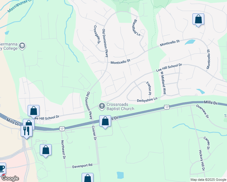 map of restaurants, bars, coffee shops, grocery stores, and more near 9303 Glascow Dr in Fredericksburg