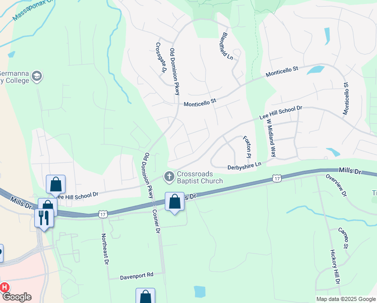 map of restaurants, bars, coffee shops, grocery stores, and more near 9303 Glascow Dr in Fredericksburg
