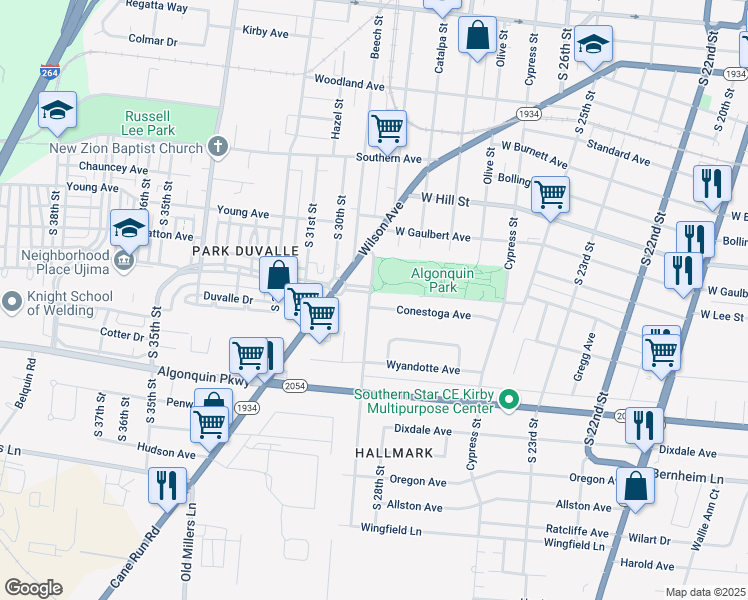 map of restaurants, bars, coffee shops, grocery stores, and more near 2911 Conestoga Avenue in Louisville