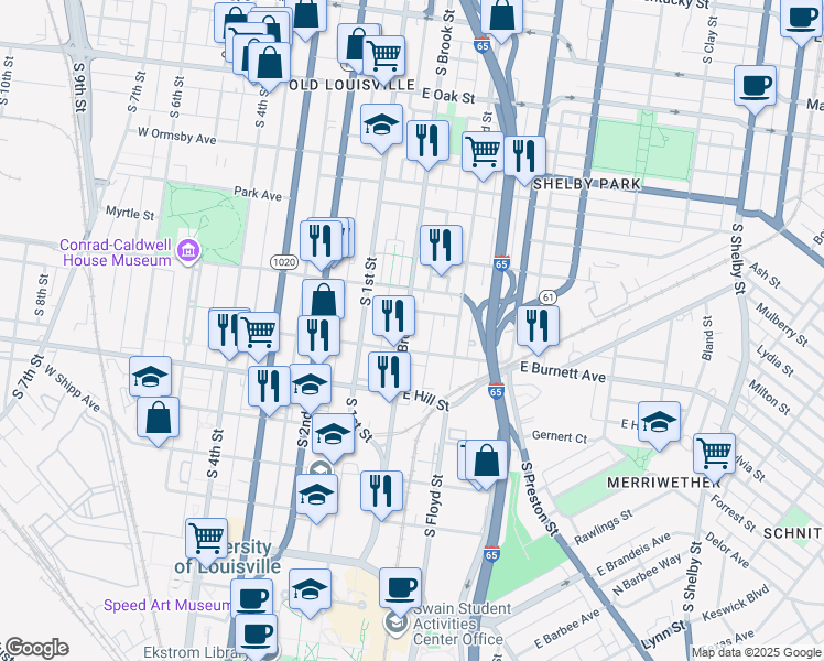 map of restaurants, bars, coffee shops, grocery stores, and more near 1426 South Brook Street in Louisville