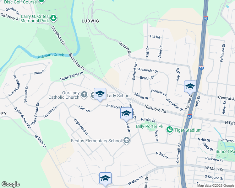 map of restaurants, bars, coffee shops, grocery stores, and more near 1500 Leisure Place in Festus