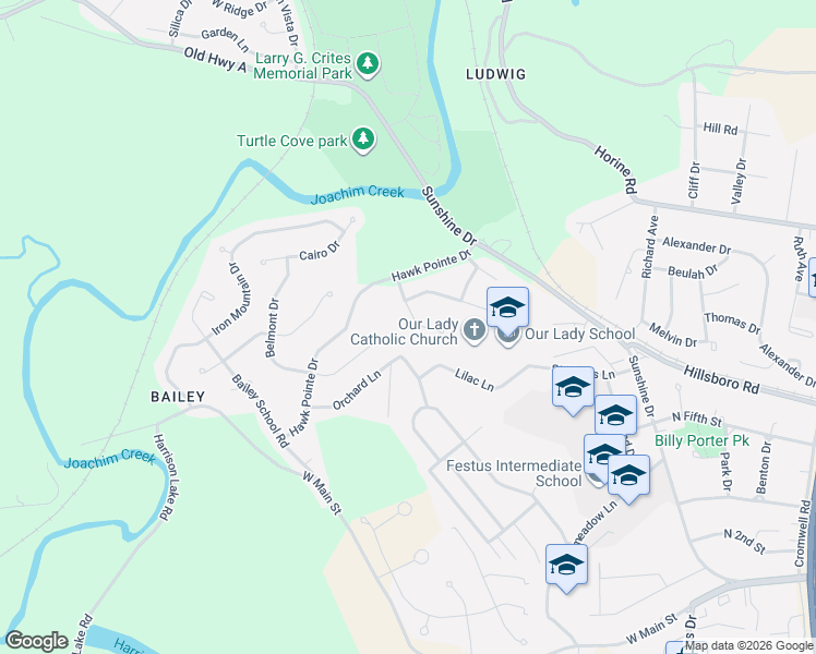 map of restaurants, bars, coffee shops, grocery stores, and more near 406 Deer Crossing Drive in Festus